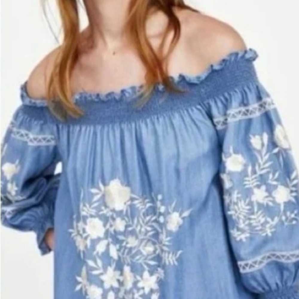 Zara Bardot Embroidered Boho Mini Dress Blue Off Shoulder Western Coastal Medium - Picture 2 of 7